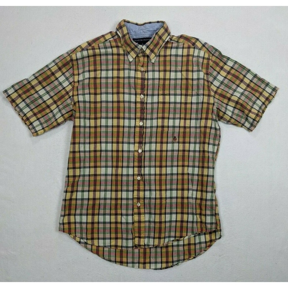 Tommy Hilfiger Mens Button Shirt Plaid Short Sleeve Size L Cotton Multi Color